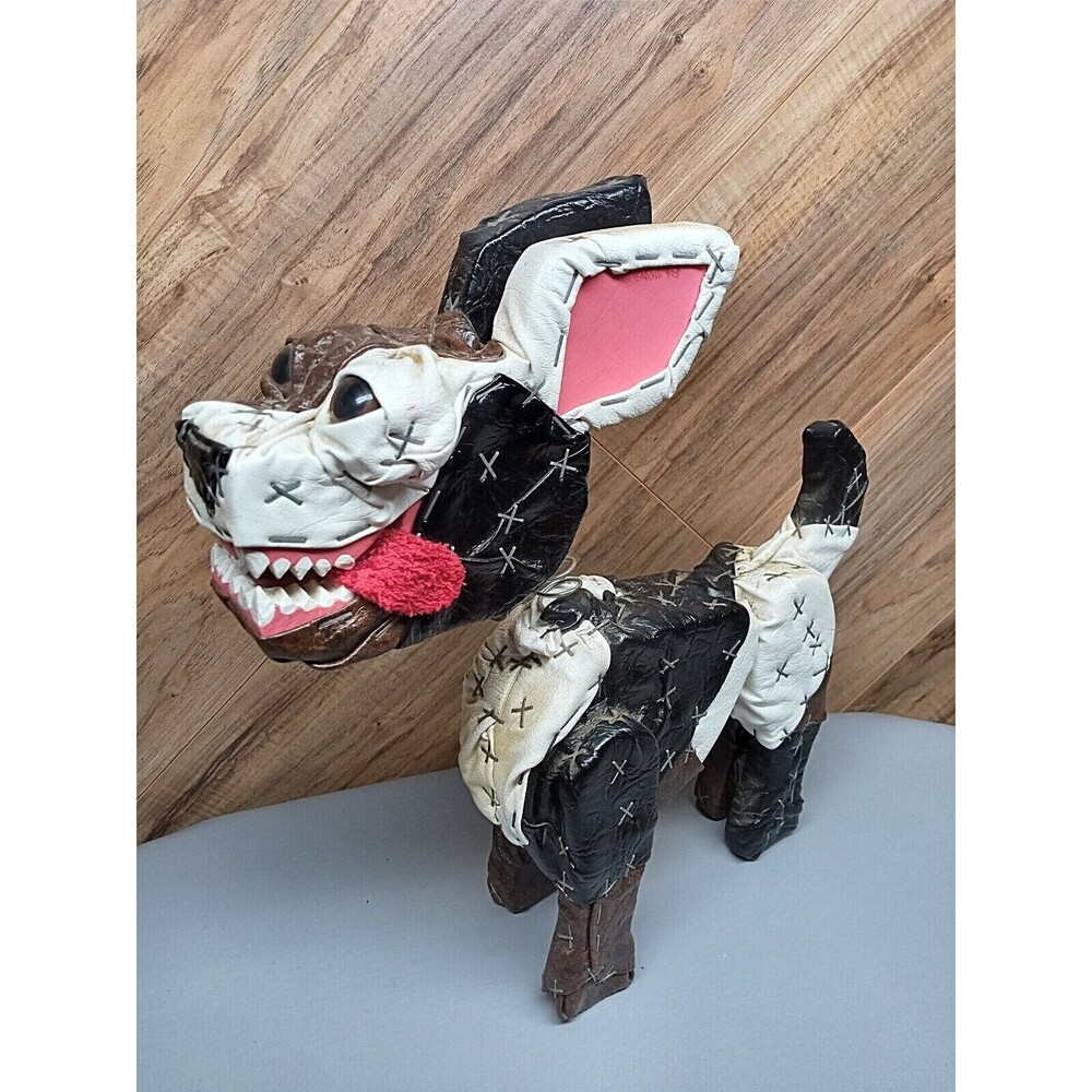 Most Unusual Artist Demon Dog Leather & Wood Nodder Sculpture Spooky Wicked OOAK